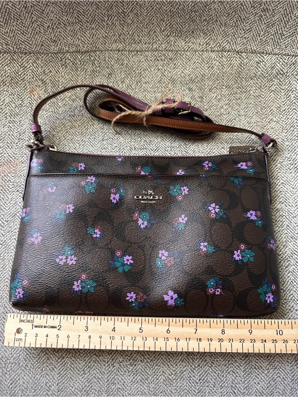 Coach Brown Signature Crossbody with Purple Floral Accents